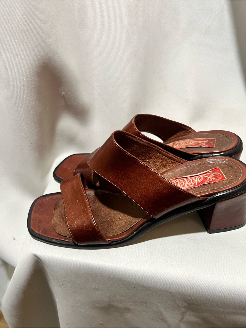 Women’s Brown Leather Slide Block Heel Woman’s Size 40 Square Toe - Picture 7 of 8
